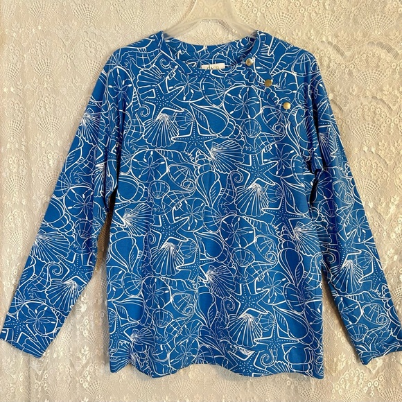NWT Denim & Co Blue Seashell Print Sweatshirt- medium - Picture 1 of 8